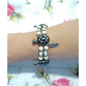 Kn Designer Black Cream Turtle Faux Peal Beaded Adjustable Bracelet Stretch